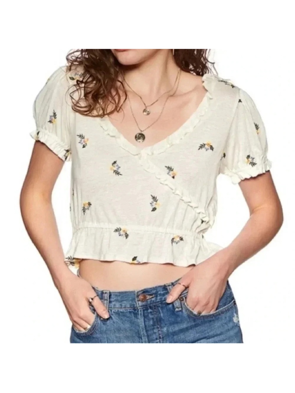 Free People Cream Floral Ruffle Crop Top